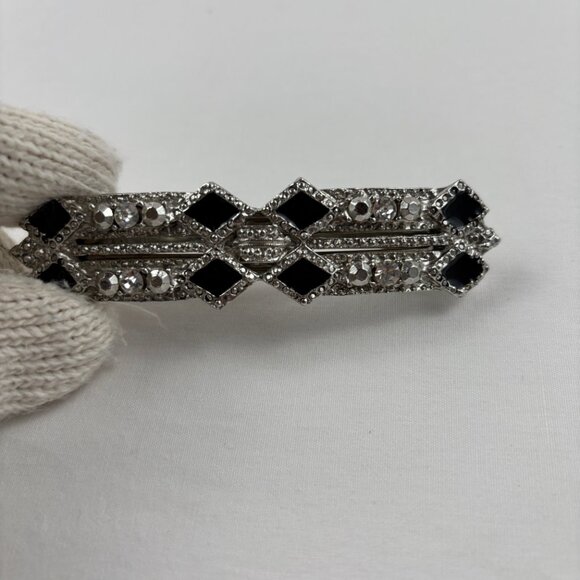 VTG Barrette Silver Tone Rhinestones Black Enamel Accents Hair Clip France - Picture 3 of 9